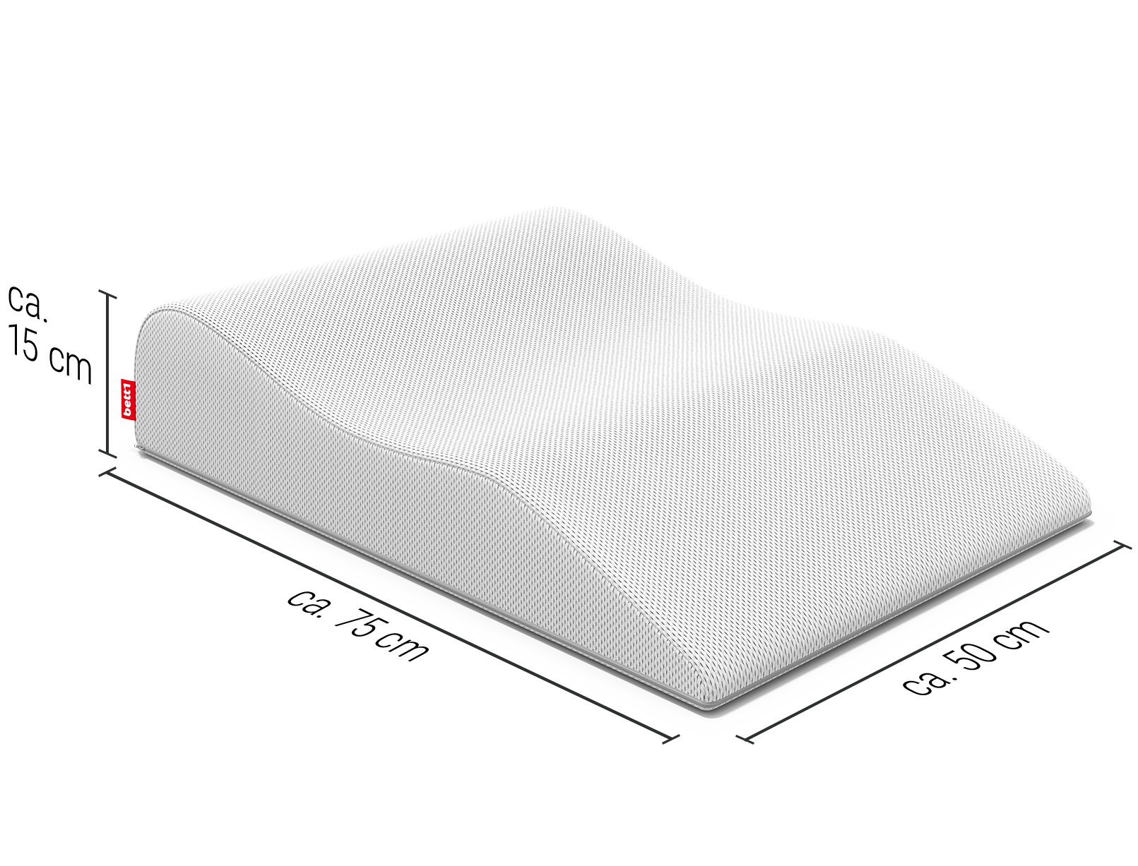 Das BODYGUARD® Venenkissen, an dessen Seiten die Maßangaben verzeichnet sind: 75 x 50 x 15 cm (L x B x H)	