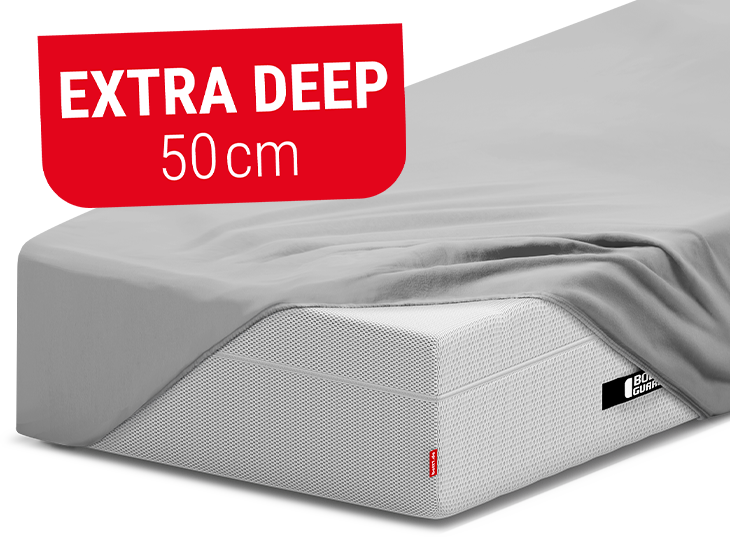 The BODYGUARD Box Spring Mattress is covered with the BODYGUARD Fitted Sheet extra deep, leaving one corner uncovered. Red box with text: extra deep 50 cm.