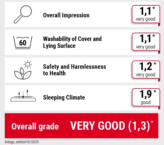 Table showing the breakdown of ratings in the children's mattress test conducted by the family magazine ‘kidsgo’.