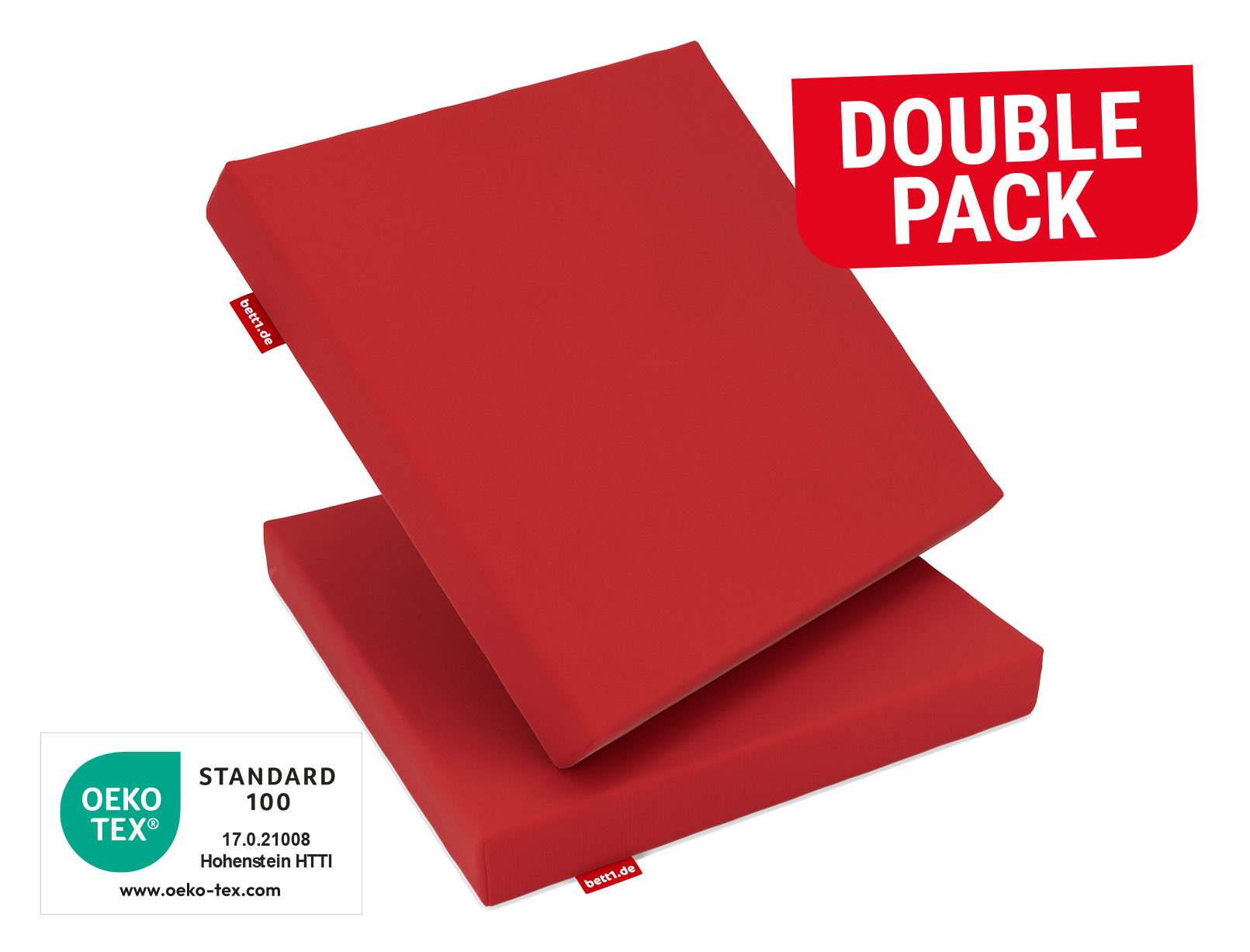 Two RAINGUARD Seat Cushions, one upright, one lying down. Text: Double pack. Seal: Oeko-Tex