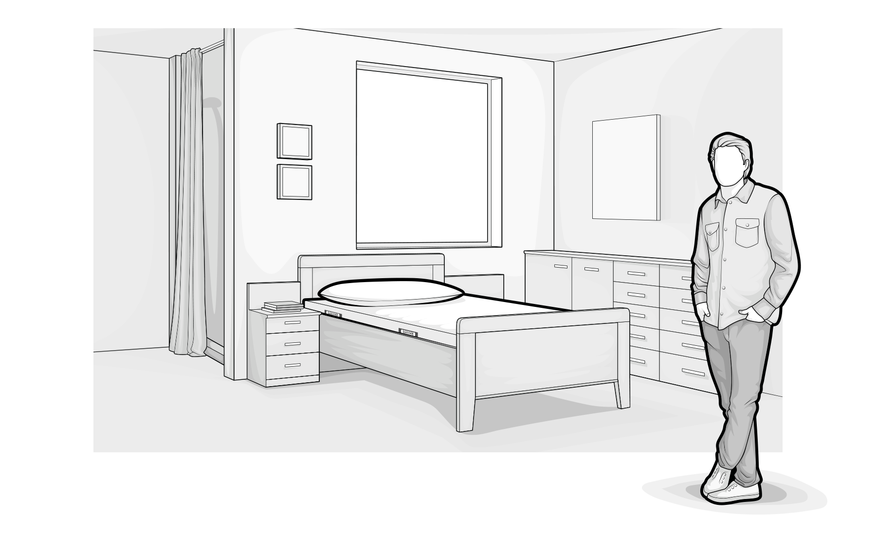 Illustration: A youthfully dressed person stands in a bedroom with a single bed and BODYGUARD® mattress.
