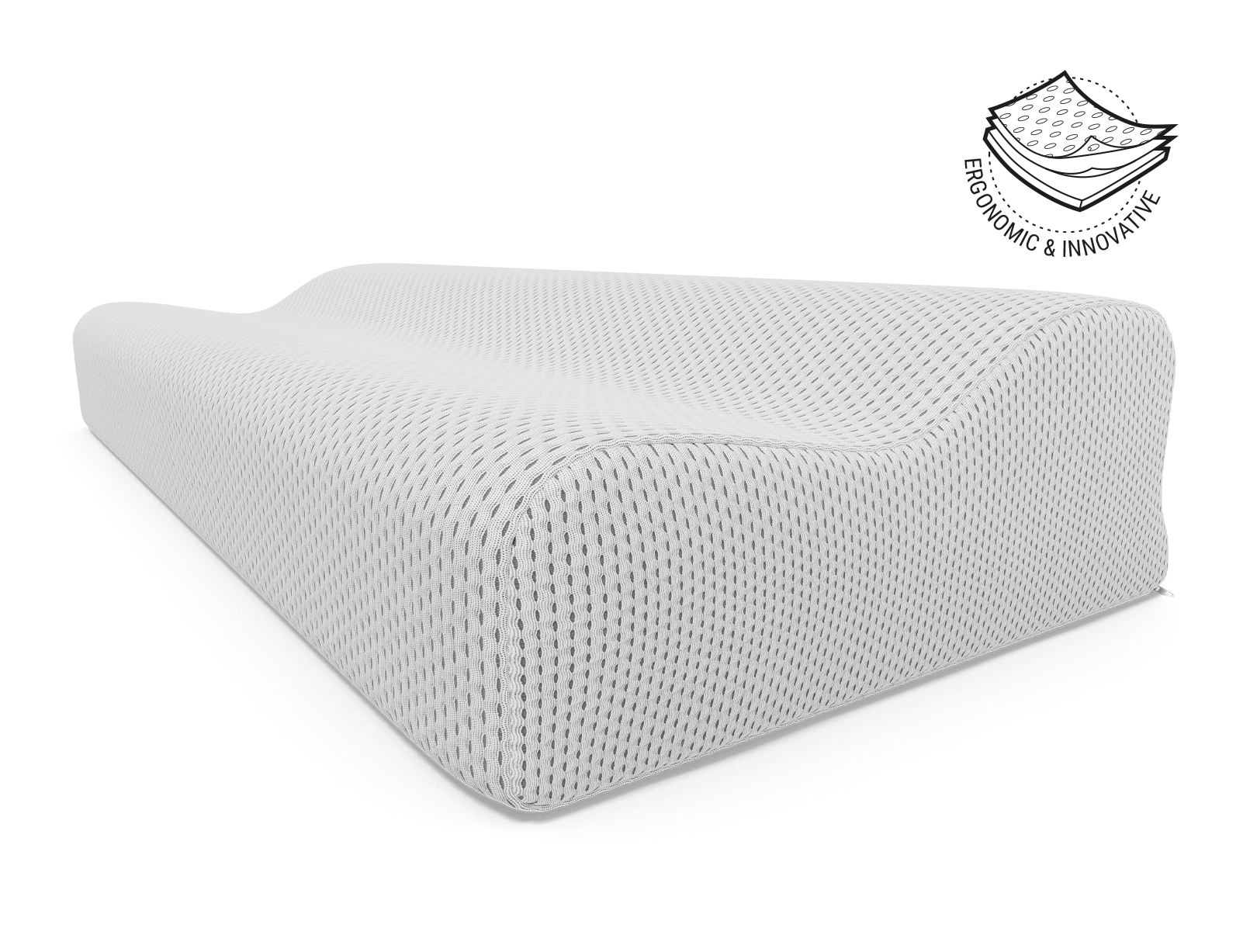BODYGUARD® Ergonomic Pillow. Next to it is the illustration of the cushion cover in three layers with the text: ergonomic and innovative	