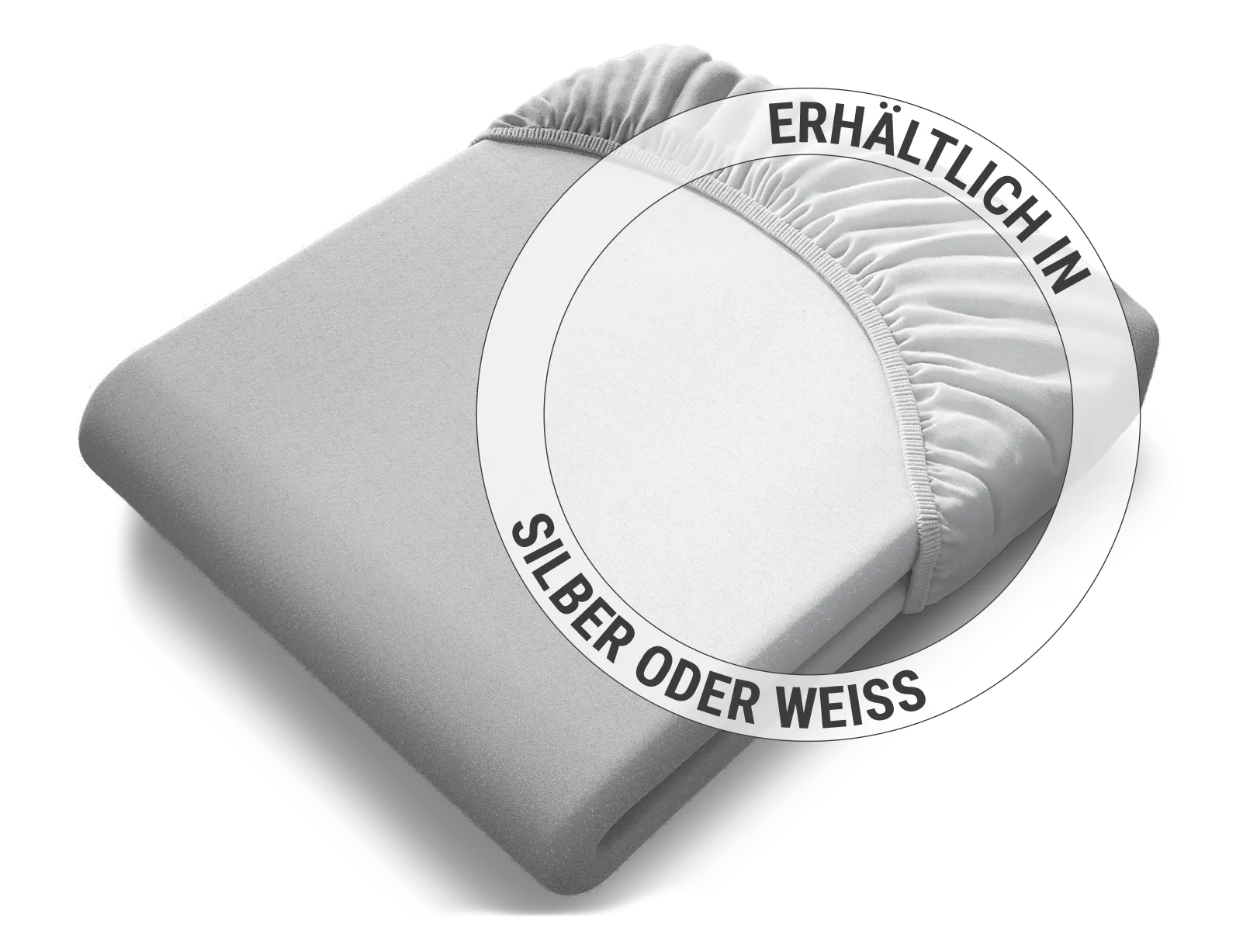Das zusammengelegte BODYGUARD® Jersey-Spannbettlaken in Silber: Zoom auf das Laken in der weißen Farbvariante; Text Erhältlich in Silber oder Weiß