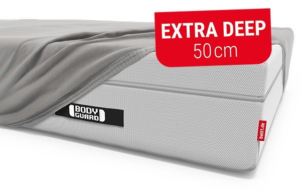 BODYGUARD Box Spring Mattress, partially covered with BODYGUARD Fitted Sheet extra deep. Text: extra deep 50 cm