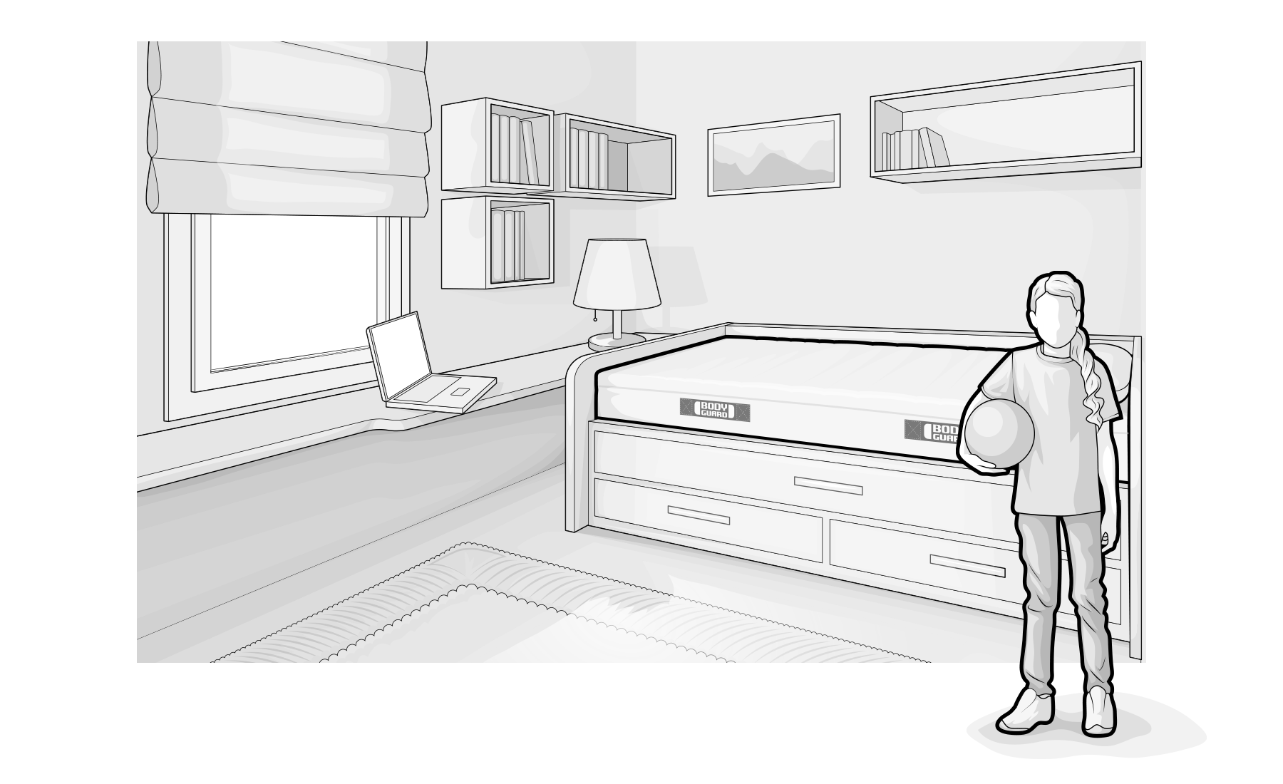 Illustration: Ein Kind mit Ball unterm Arm steht in einem Kinderzimmer mit Einzelbett samt BODYGUARD® Matratze.