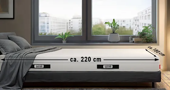 A BODYGUARD® mattress is lying in a bedroom. There is an arrow labeled “approx. 220 cm” on the long side and an arrow labeled “approx. 180 cm” on the wide side.