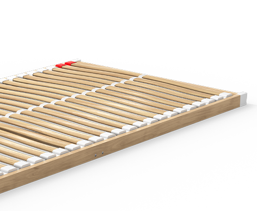 The BODYGUARD® Slatted Frame Basic. A round field with the illustration of a piece of wood and the text: 100% real beech wood, 28 slats, hard-wearing and durable	