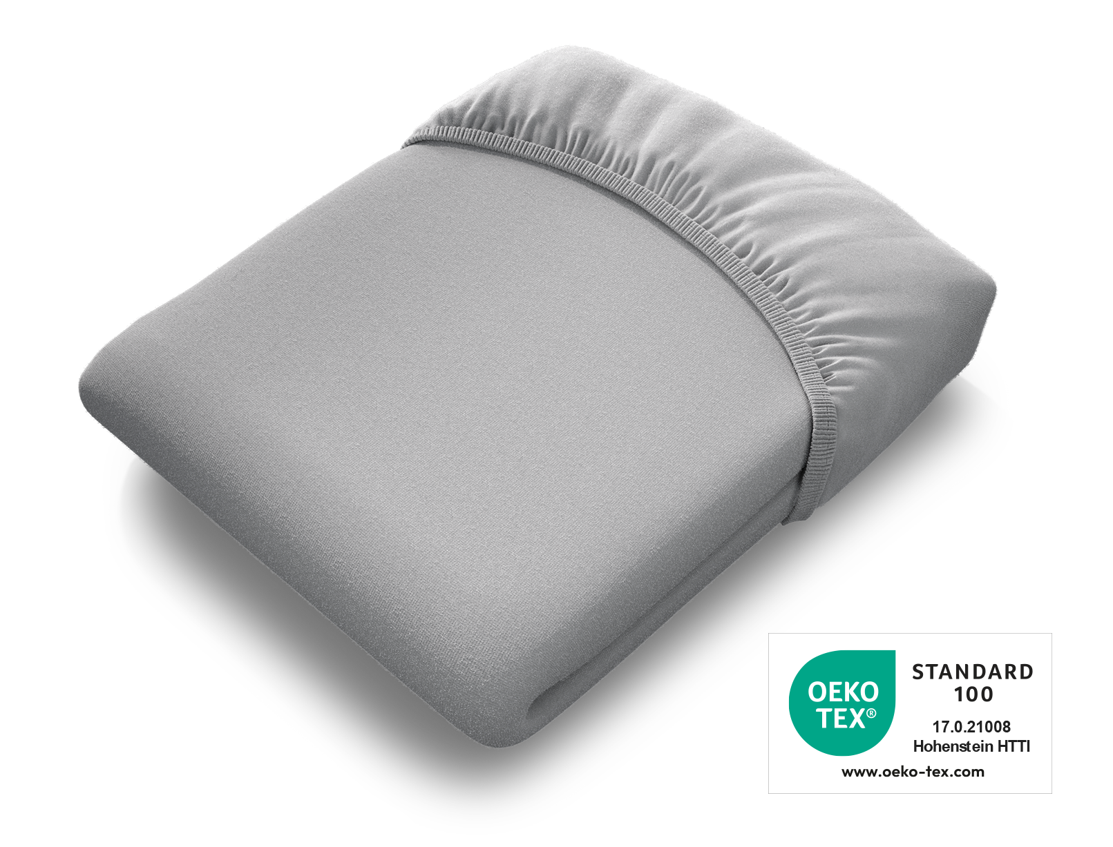  The BODYGUARD® children's fitted sheet in silver folded. The Oeko-Tex® Standard 100 seal	