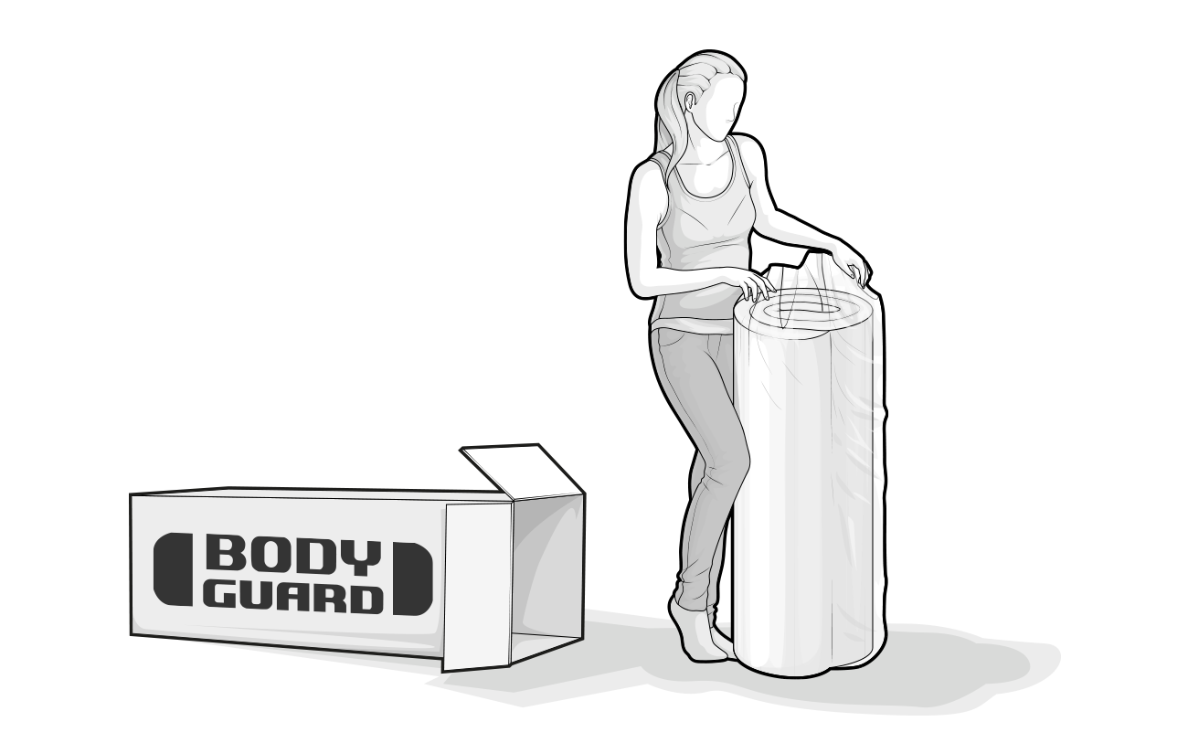 Illustration: A person with a rolled mattress, next to a BODYGUARD box