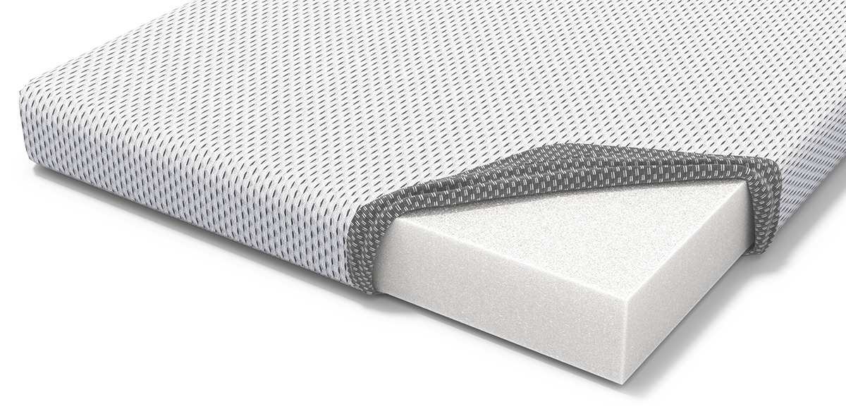 Detail of the BODYGUARD® seat cushion. The cover is removed at the corner, revealing the foam core. 