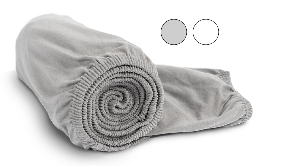 The BODYGUARD® jersey fitted sheet in silver rolled up.