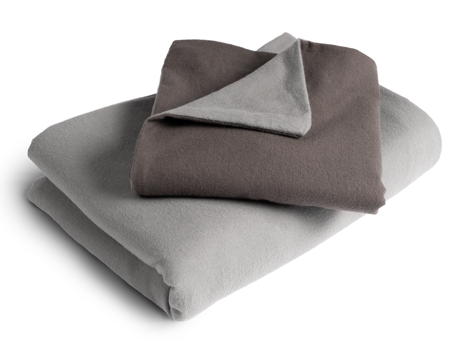 The folded BODYGUARD® Flannel Bed Linen: the duvet cover is folded with the silver side facing outwards, the pillowcase with the anthracite-coloured side	