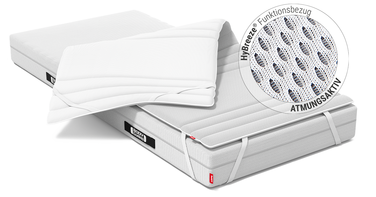 BODYGUARD Matratze mit Topper. Zoom auf HyBreeze Funktionsbezug. Text: atmungsaktiv