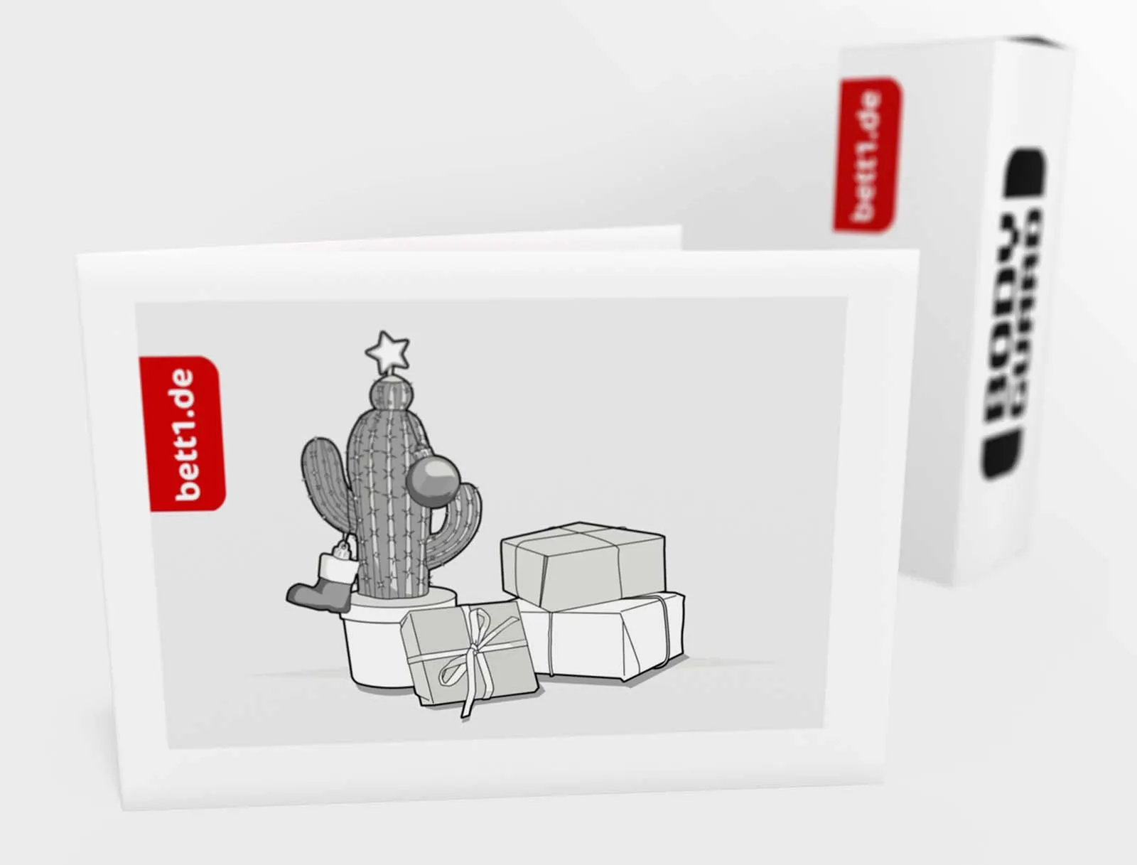 Der bett1.de Geschenk-Gutschein steht vor einem Matratzenkarton – Motiv zu Weihnachten:  ein weihnachtlich geschmückter Kaktus, mit Geschenken daneben.