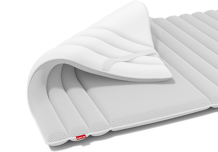 The BODYGUARD Topper. One corner has been folded back, revealing the loop and the underside made of BaumwollSleep.