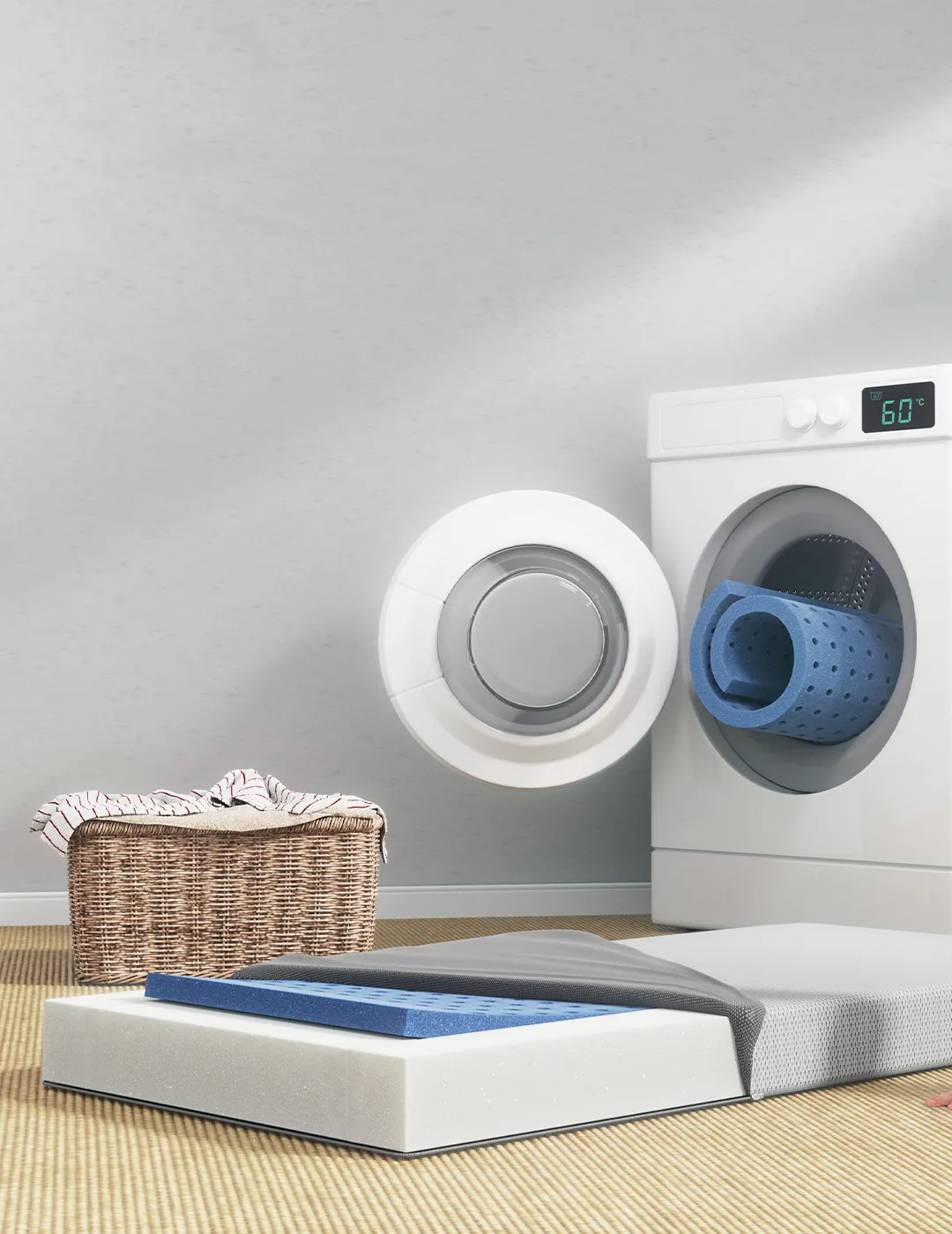SuperBreeze® Kindermatratze vor einer Waschmaschine