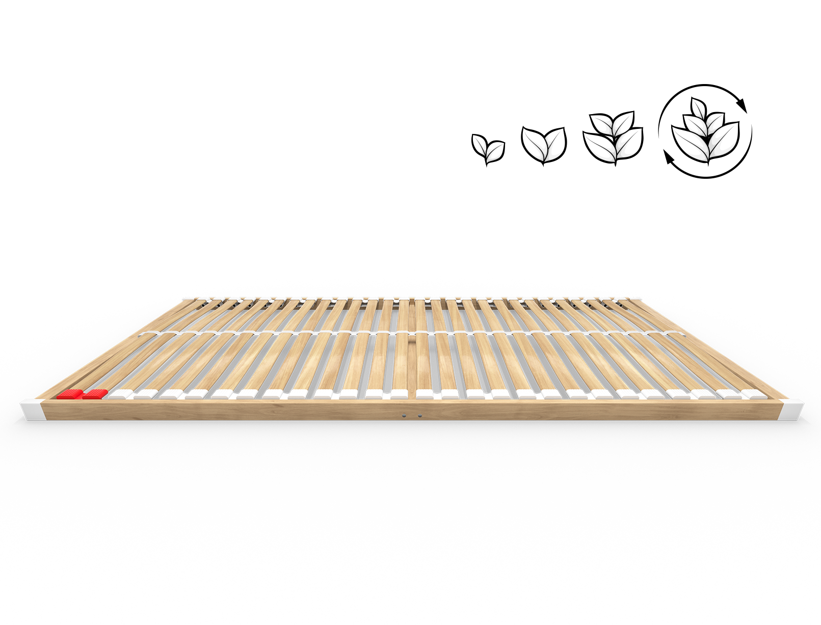The BODYGUARD® Slatted Frame Basic from the side. Four illustrated plant seedlings next to each other, getting bigger and bigger. Two arrows form a circle around the largest one.	