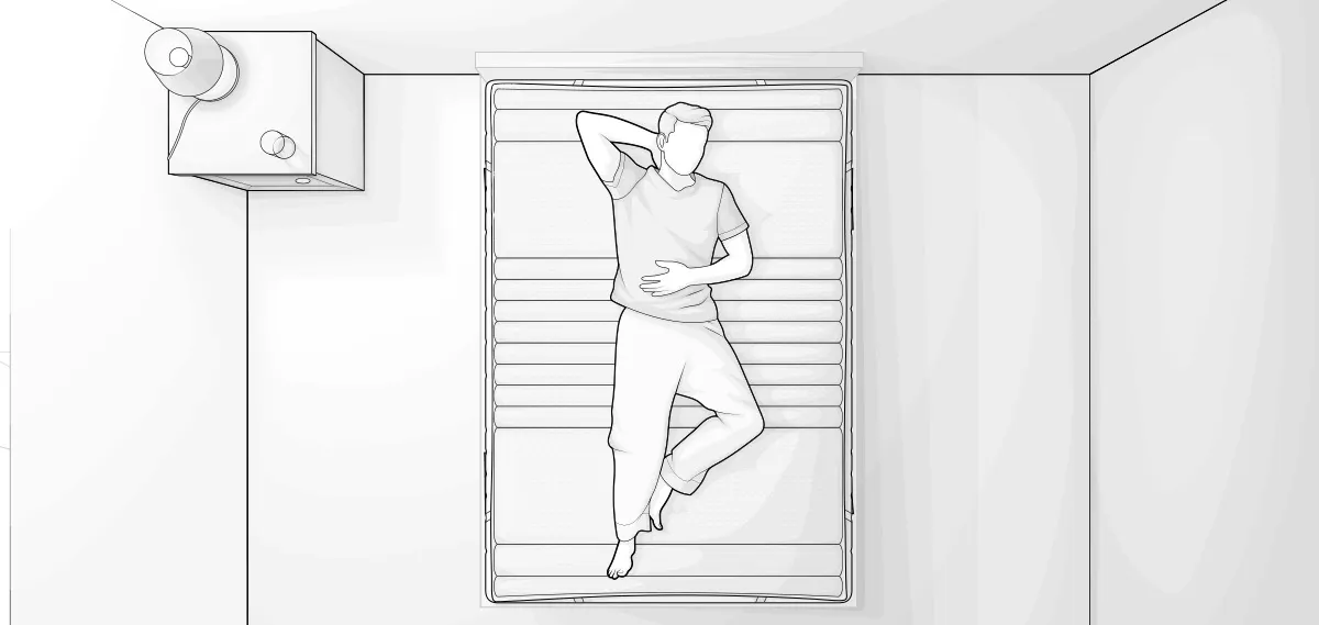 Illustration in Vogelperspektive: Eine Person liegt mittig auf einer Matratze 140x200 cm.