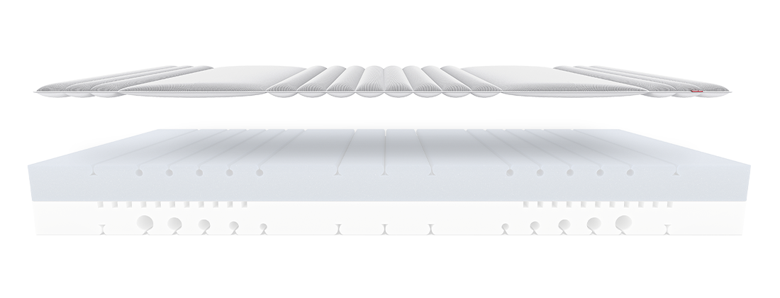 The BODYGUARD® mattress without mattress cover, with the topper floating on top.	