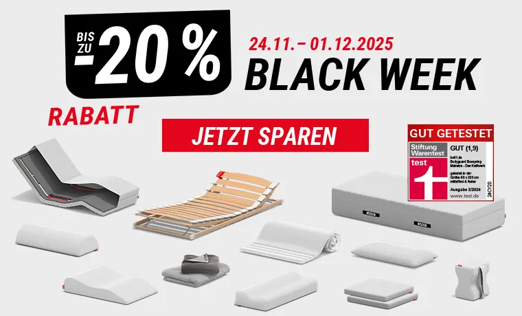 Zusammenstellung der Produkte in der Blackweek vom 24.11.-01.12.2025, daneben Text: bis zu 20 % Rabatt - Jetzt sparen