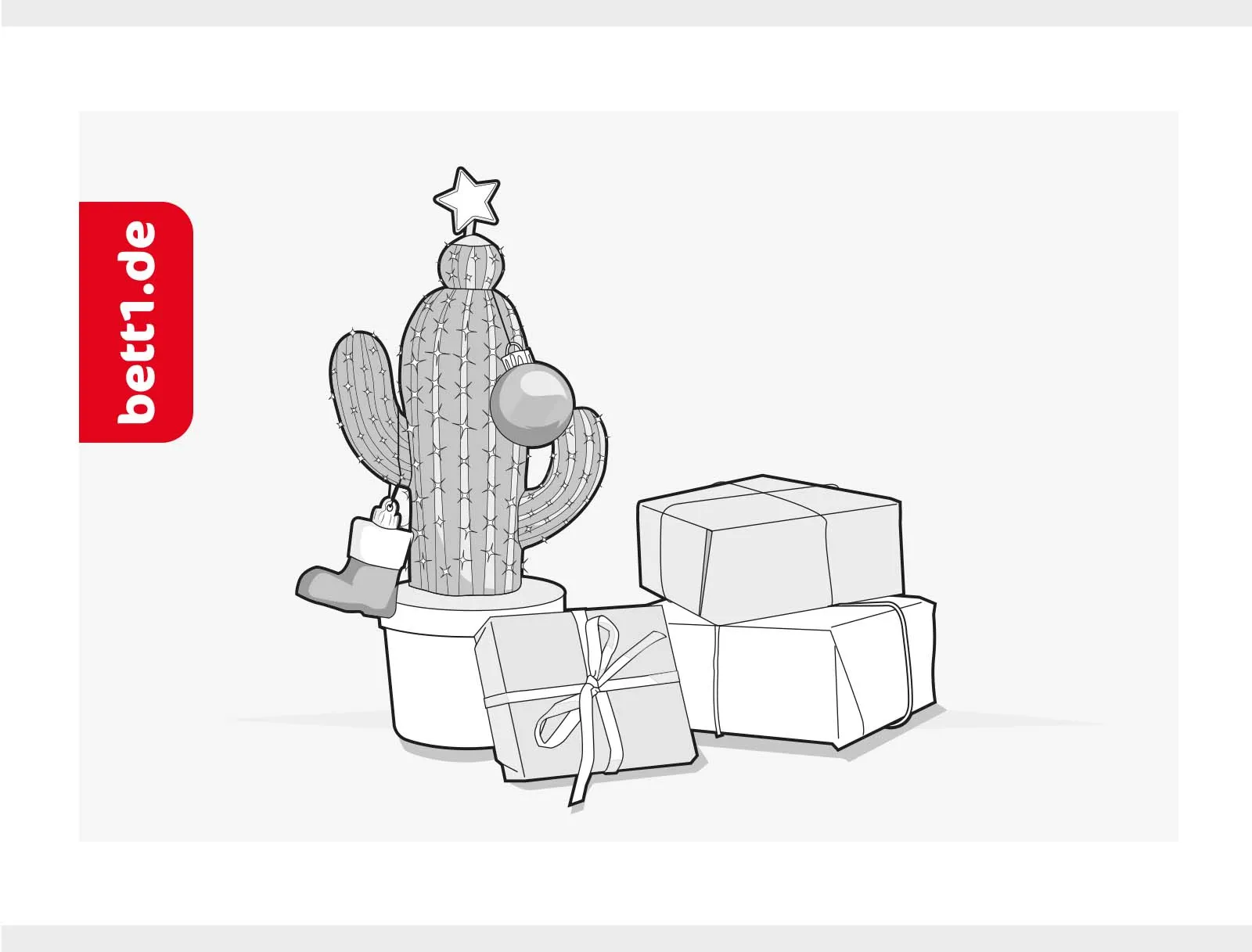 Der bett1.de Geschenk-Gutschein – Motiv zu Weihnachten:  ein weihnachtlich geschmückter Kaktus, mit Geschenken daneben.