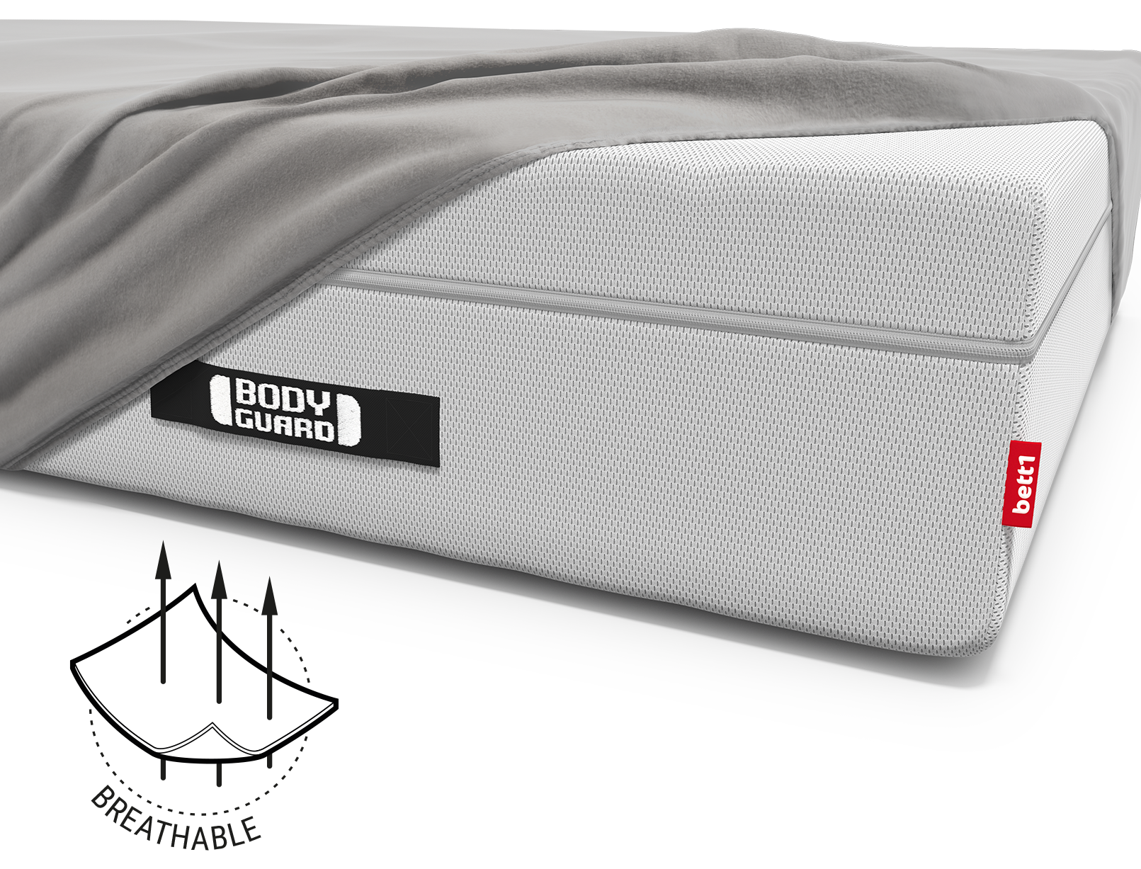 The BODYGUARD® Boxspring mattress covered with the extra high fitted sheet. Illustration of the fabric with three arrows running through it. Text: breathable	