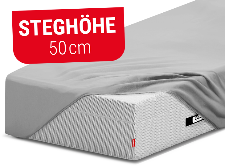 Die BODYGUARD Boxspring Matratze ist bis auf eine Ecke bezogen mit dem BODYGUARD Spannbettlaken extra hoch. Rotes Feld mit Text: Steghöhe 50 cm.
