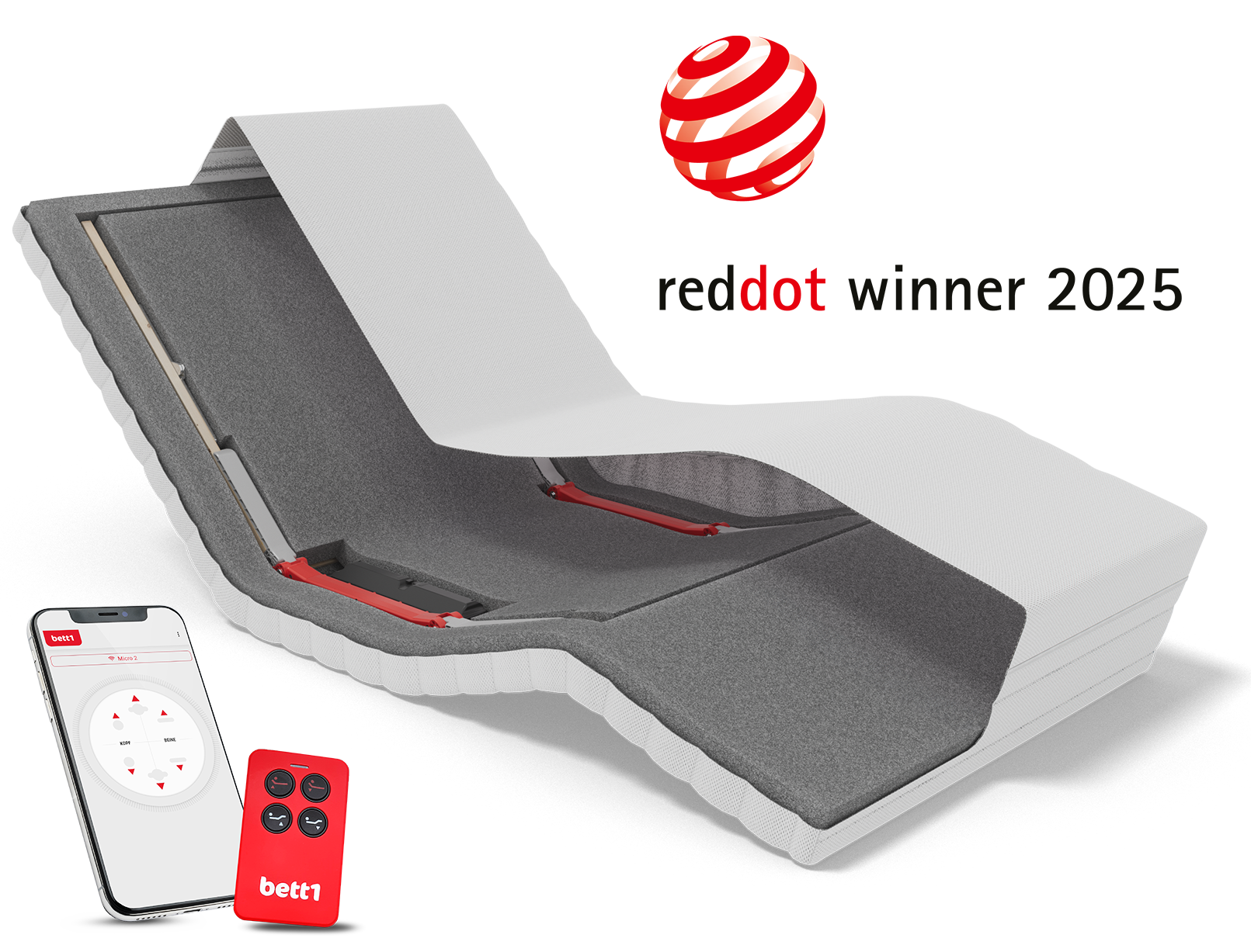 View of HULK with head raised and footrest lowered, with a smartphone and remote control in front. Text: reddot winner 2025.
