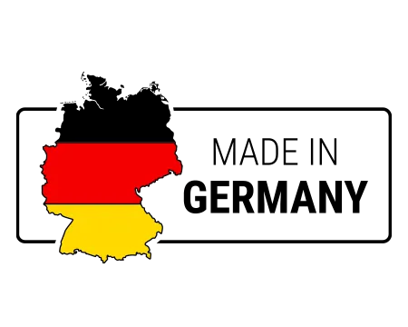 Illustration: Eine Deutschlandkarte in Schwarz-Rot-Gold mit dem Text „Made in Germany“.