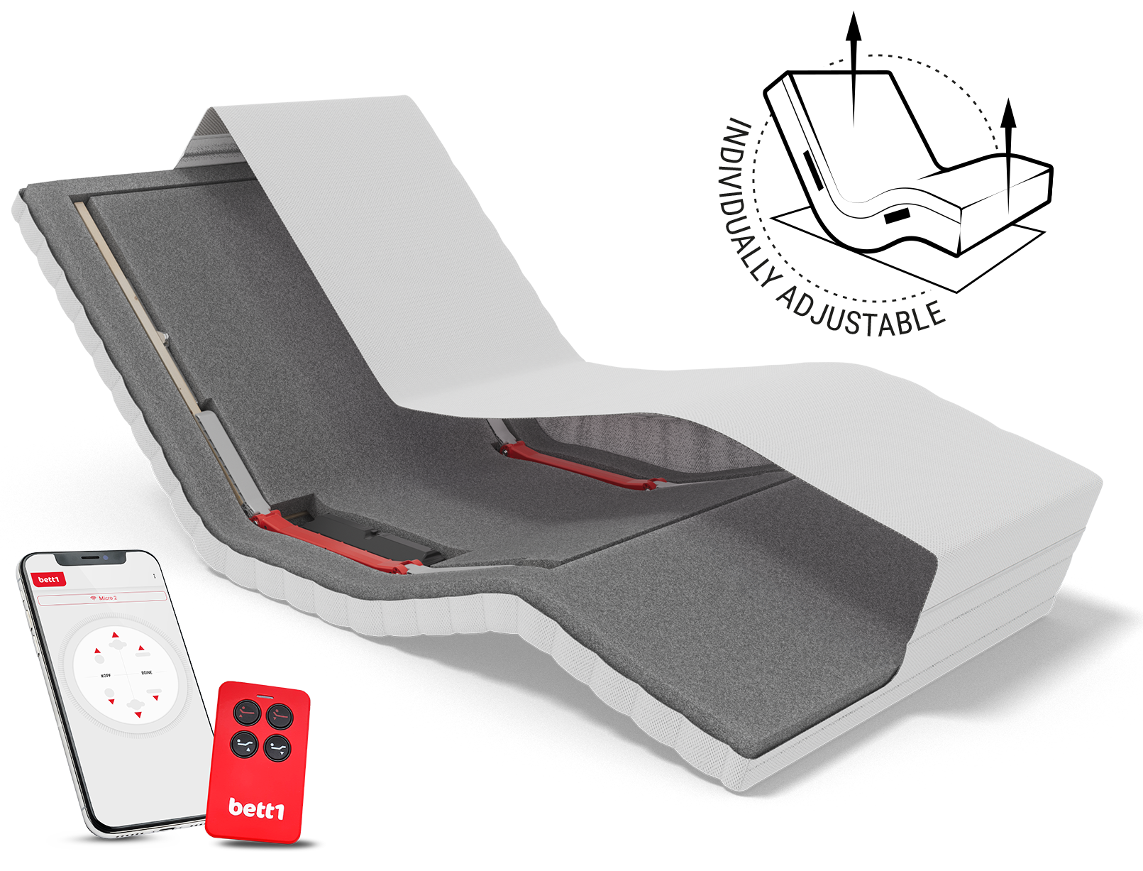 Interior view of the HULK, with a greyed-out mattress core on top. Remote control and smartphone next to it. An illustration: individually adjustable