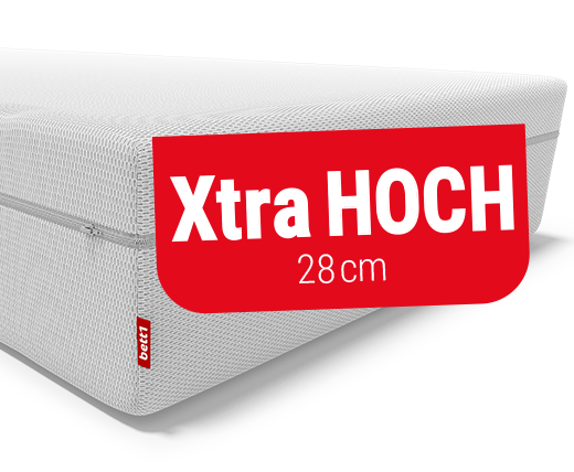 BODYGUARD® BoxspringMatratze. Eine rote Wanne mit Text: 100 % Vollschaum. Ein Icon durchgestrichene Metallfeder mit Text: ohne Metallfedern.