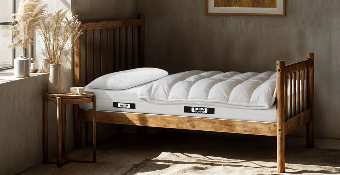 Ein rustikal anmutendes Zimmer mit einem kurzen Holzbett. Darauf liegt die BODYGUARD Anti-Kartell-Matratze 80x190 cm mit Decke und Kissen.