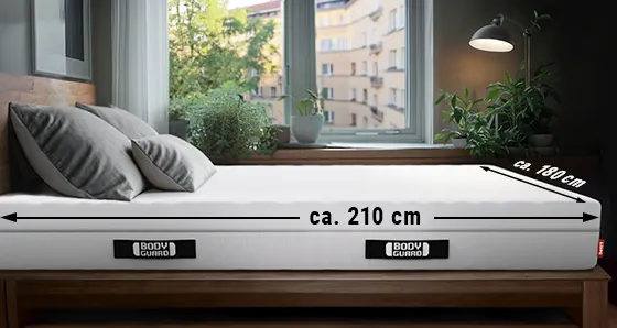 A BODYGUARD® mattress is lying in a bedroom. On the long side is an arrow labeled “approx. 210 cm”, on the wide side an arrow labeled “approx. 180 cm”.