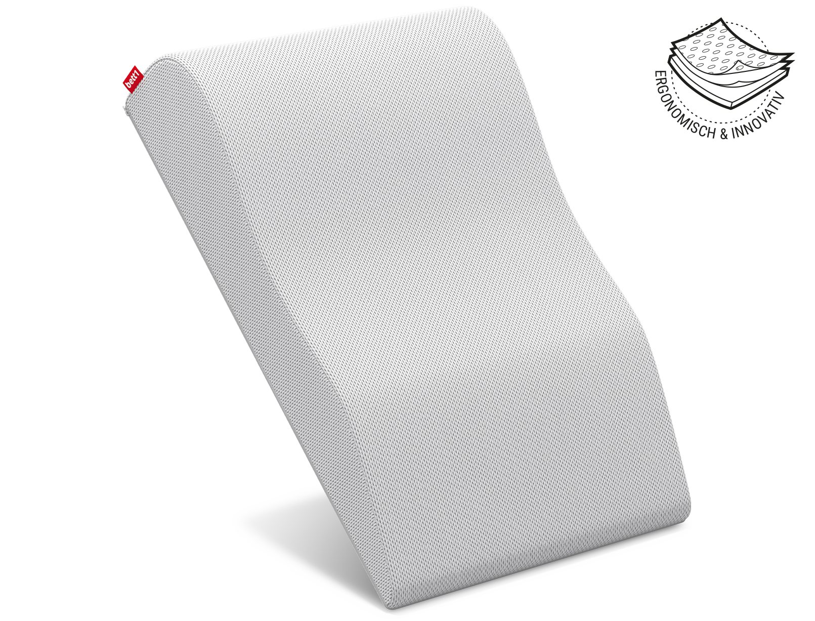 Das BODYGUARD® Venenkissen hochkant aufgestellt balanciert auf der dünnen Seite. Daneben die Illustration des Kissenbezugs in drei Schichten mit dem Text: ergonomisch und innovativ	