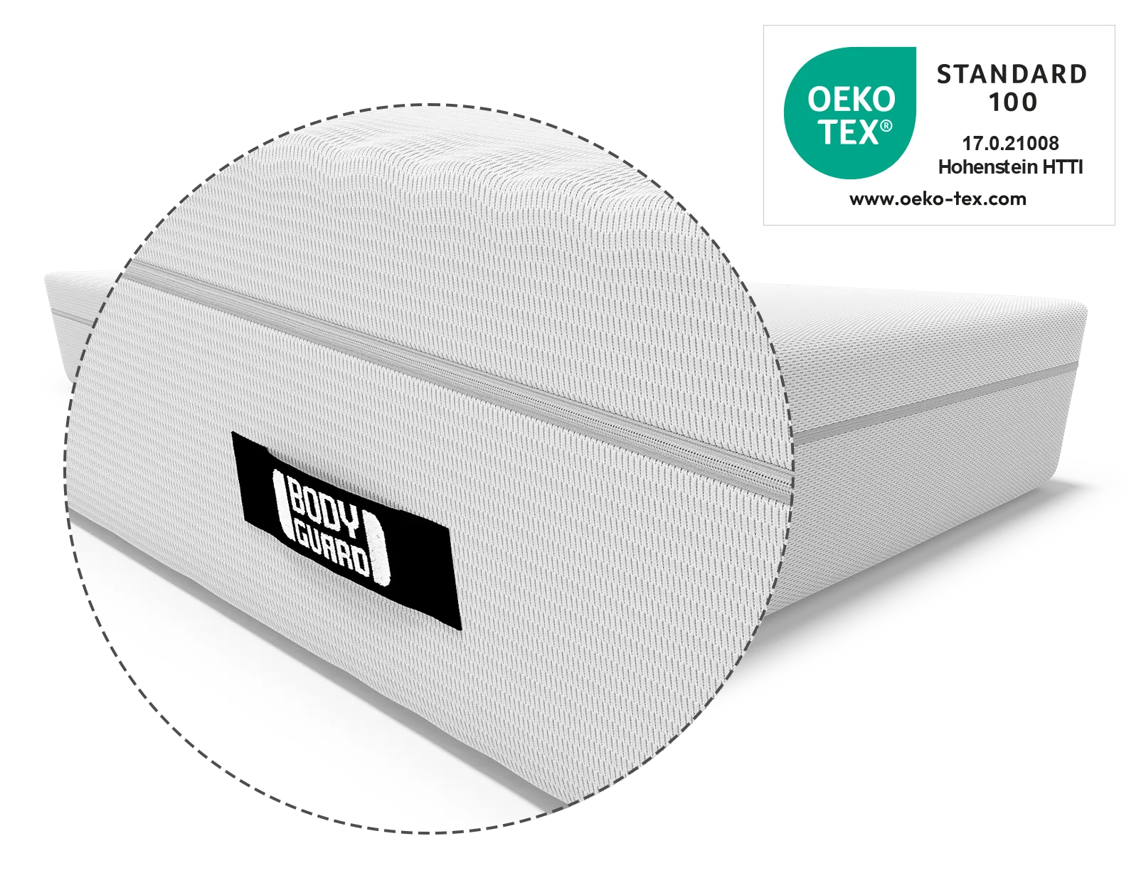 BODYGUARD® Boxspring Matratze: Zoom auf Griff. Oeko-Tex® Siegel. 	