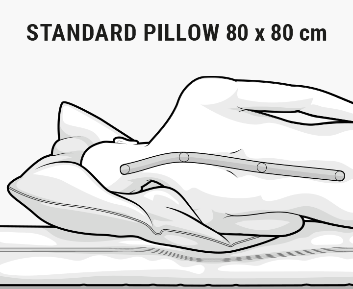 Illustration: a person lying on a pillow, spine is drawn in and bent Text: standard pillow 80x80 cm