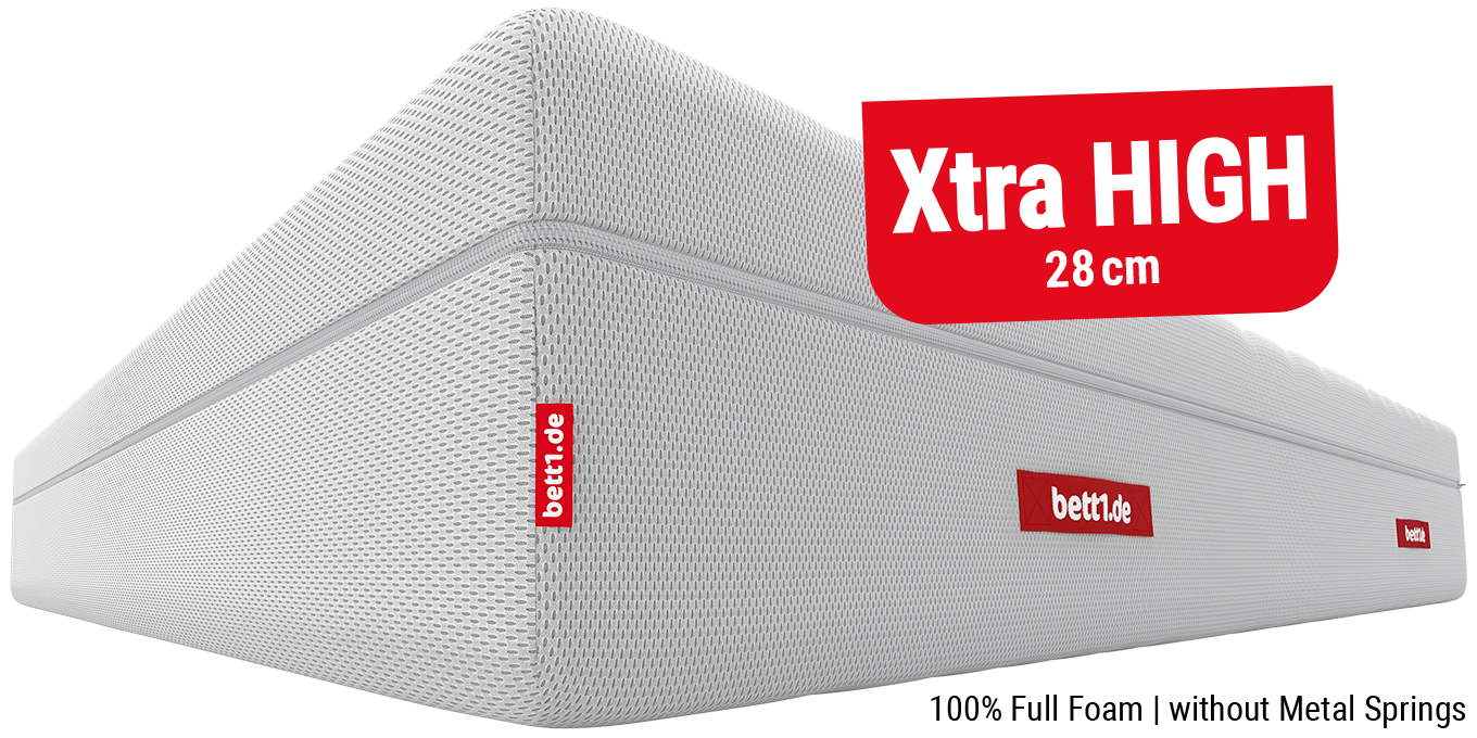 BODYGUARD Boxspring Mattress Soft. Text: Xtra high 28 cm, 100 % solid foam, without metal springs.