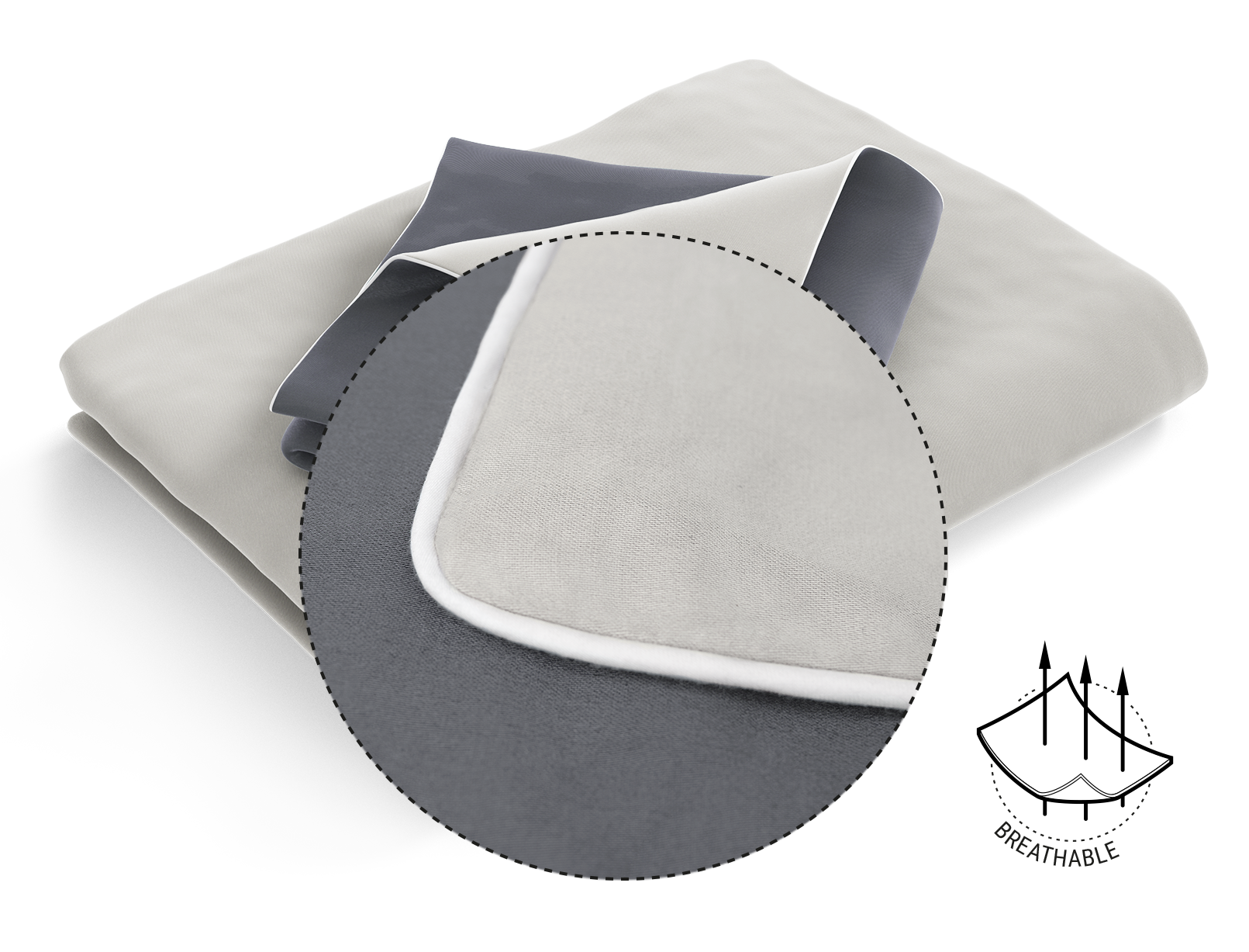 The SOFT BREEZE® Satin Bed Linen: Zoom on the cover. Illustration of the fabric with three arrows running through it. Text: breathable	