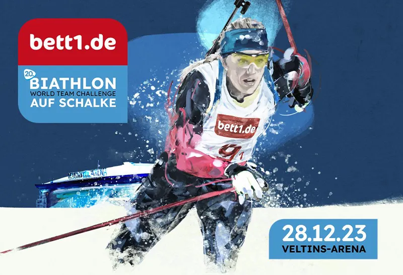 Foto: Eine Person mit Skistöcken in Bewegung umgeben von aufgewirbeltem Schnee. Daneben das bett1.de-Logo und Text: Biathlon World Team Challenge auf Schalke. 28.12.23 Veltins Arena