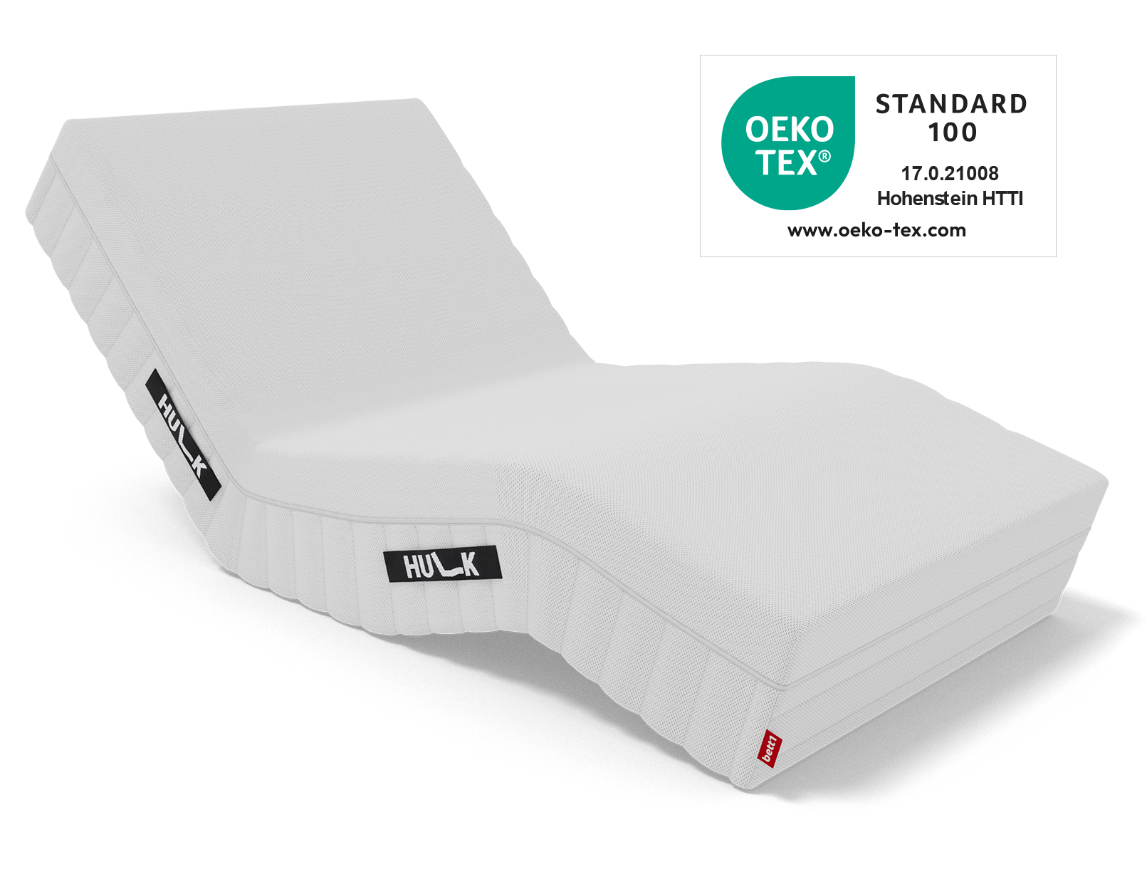 The angled HULK. The Oeko-Tex® seal above.