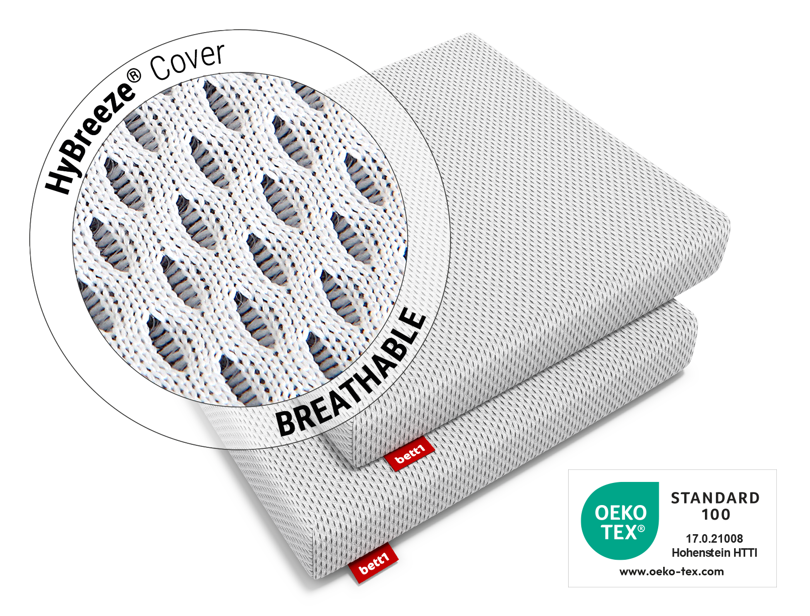 Two BODYGUARD® seat cushions lying on top of each other. Zoom on cover. Text: HyBreeze® functional cover/breathable. Next to it the Oeko-Tex® Standard 100 seal.