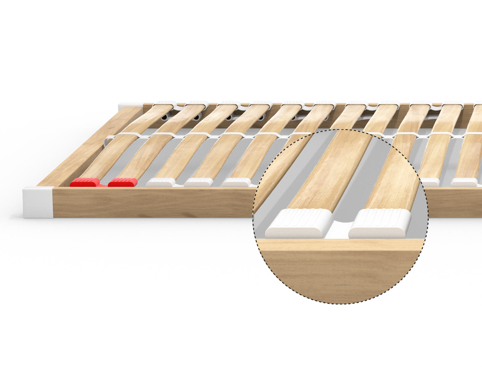 Side view of the head section of the BODYGUARD® Slatted Frame Basic: a round cut-out shows the spring caps enlarged.	