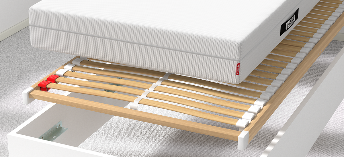 A BODYGUARD Slatted Frame 90x190 and a BODYGUARD Mattress floating above a bed frame, appearing to be lowered into place one after the other.