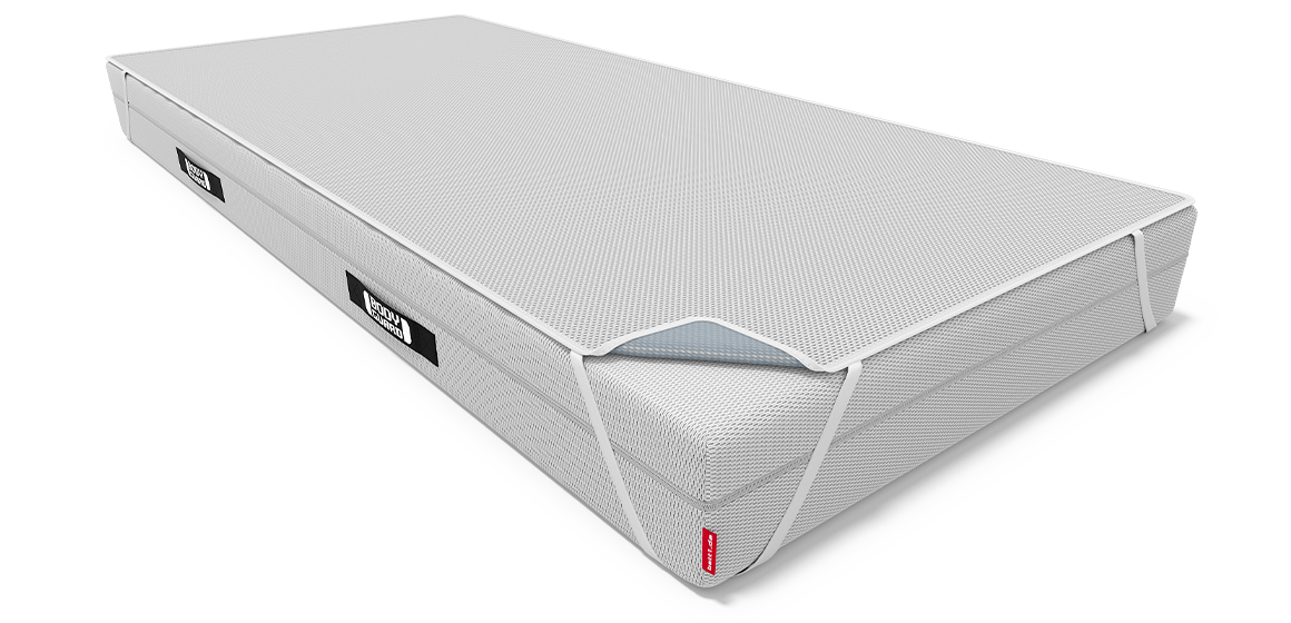 The BODYGUARD mattress (200 x 200 cm) covered with the BODYGUARD incontinence pad (200 x 200 cm). One corner of the pad is folded back to reveal the waterproof coating.