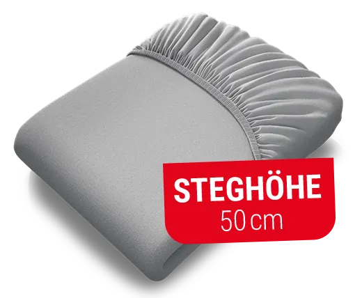 Das BODYGUARD® Spannbettlaken extra hoch aufgezogen auf der BODYGUARD® Boxspring Matratze. Text: Steghöhe 50cm	