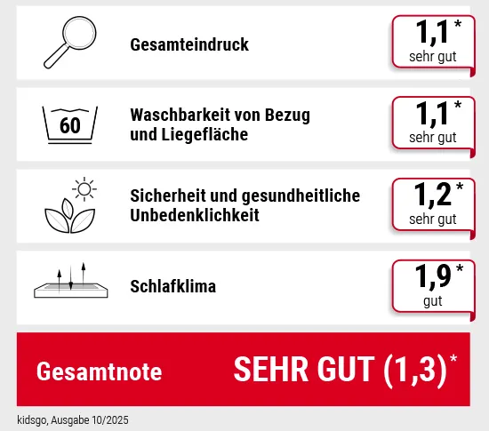 Tabelle zur Aufschlüsselung der Bewertung im Kindermatratze-Test des Familienmagazins kidsgo.