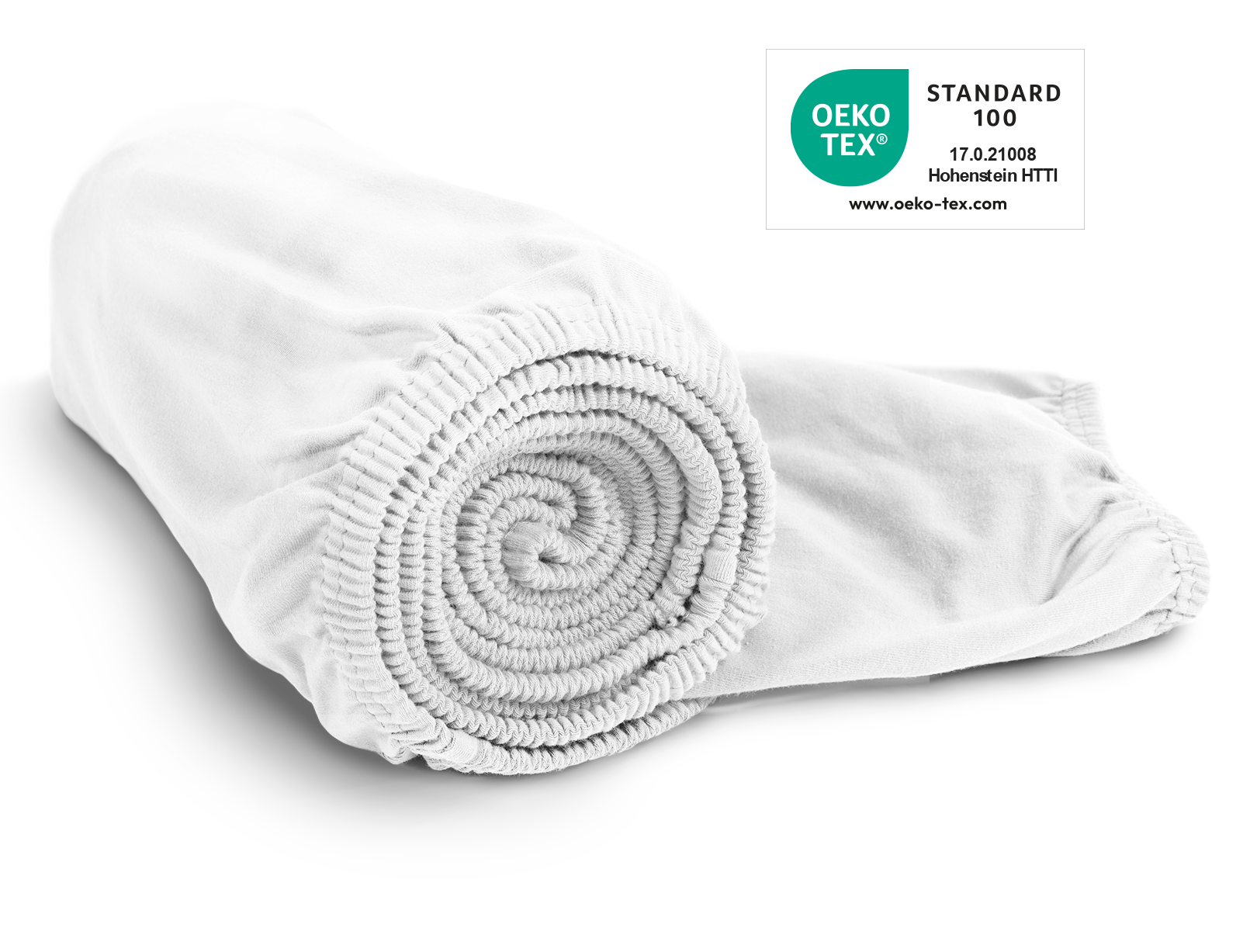  The BODYGUARD® jersey fitted sheet in white rolled up. The Oeko-Tex® Standard 100 seal