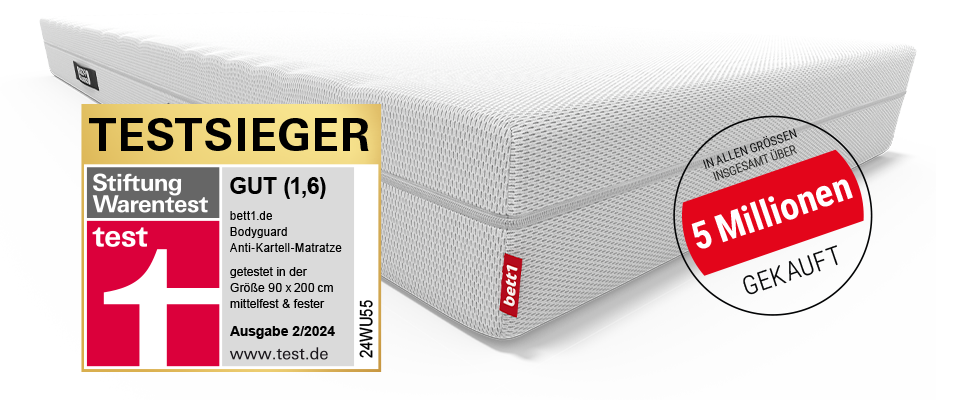 BODYGUARD® Anti-Kartell-Matratze. Text: in allen Größen insgesamt über 5 Mio. gekauft. Siegel Stiftung Warentest.