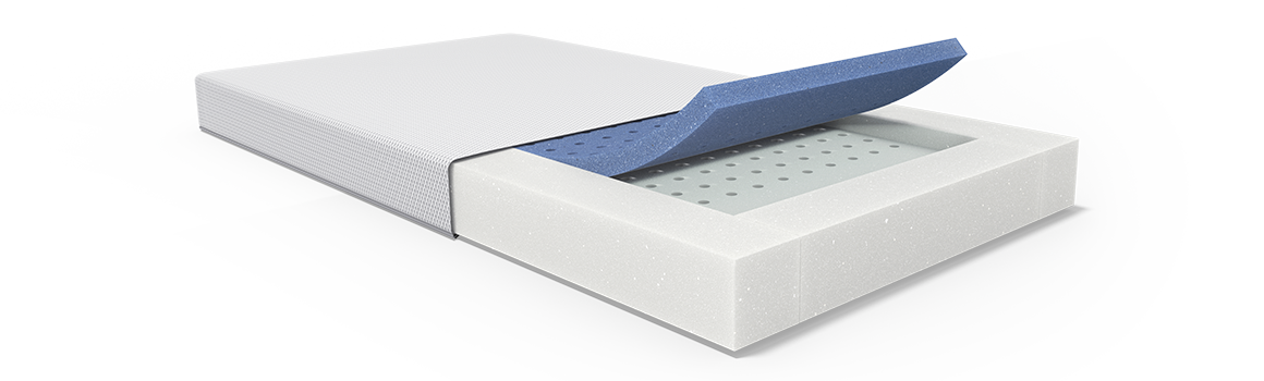 The bett1 children's mattress is only half-covered. The lying surface is folded up. The kidsgo magazine test seal with a score of 1.3.