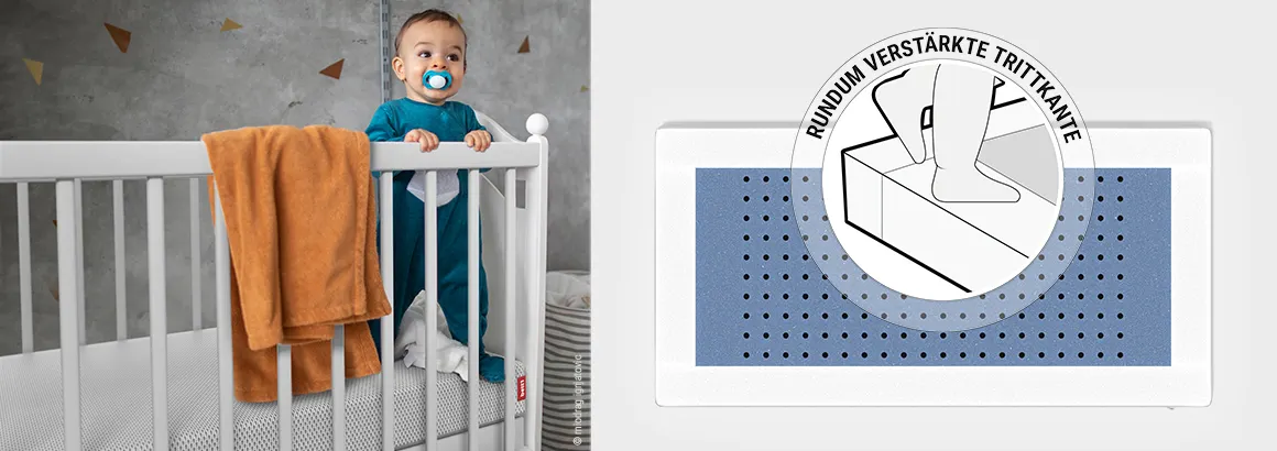 Zweigeteiltes Bild: links ein Foto mit einem Kind das im Gitterbett steht und sich am Gitter festhält, recht Illustration der rundum verstärkten Trittkante 